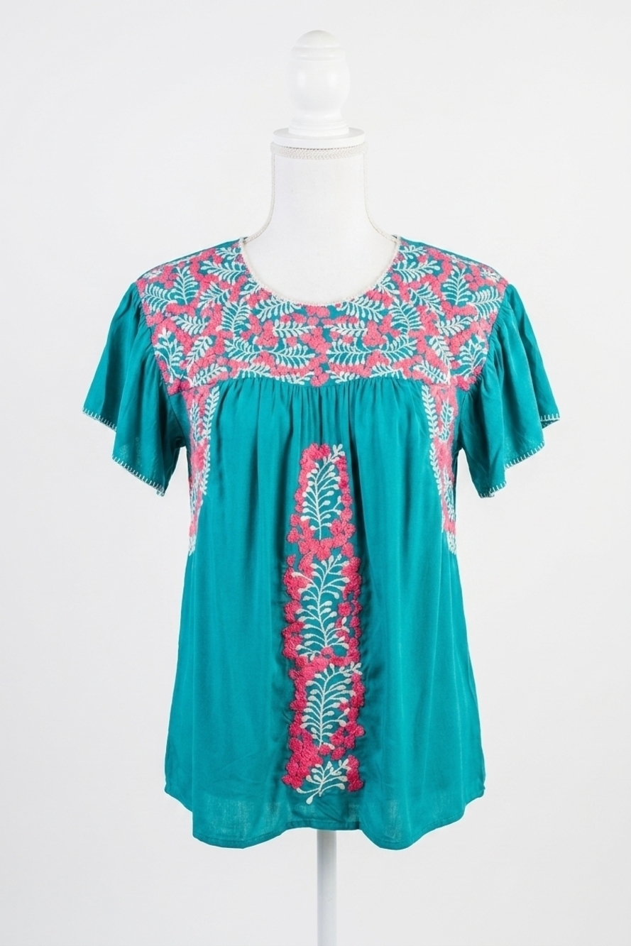 NEW LAYERZ CLOTHING flutter sleeve embroidered top in turquoise